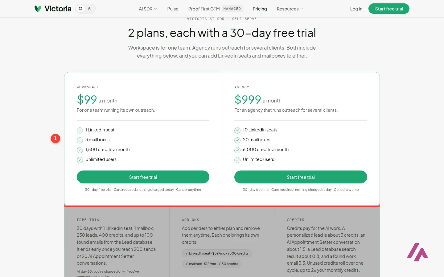 Victoria AI SDR pricing with the Workspace plan at $99 a month and the Agency plan at $999 a month highlighted
