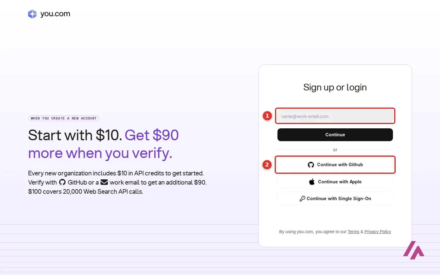 You.com sign-up or login page with the work email field and the Continue with Github button highlighted, next to the offer Start with $10, get $90 more when you verify