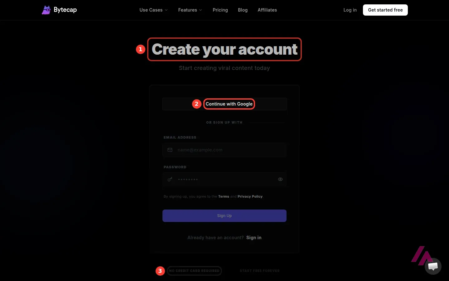 Bytecap sign-up page reading Create your account, with Continue with Google and No credit card required highlighted