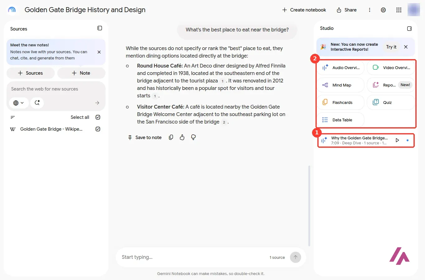 Gemini Notebook Studio panel with the finished Audio Overview, Why the Golden Gate Bridge Hums, 7:09, Deep Dive, 1 source, highlighted as 1, and the Studio tools Audio Overview, Video Overview, Mind Map, Reports, Flashcards, Quiz and Data Table highlighted as 2