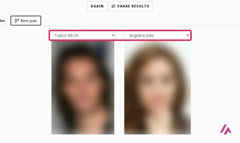 Best pair tab of StarByFace with two drop-down menus highlighted, set to Taylor Kitsch and Angelina Jolie, above two blurred celebrity photos