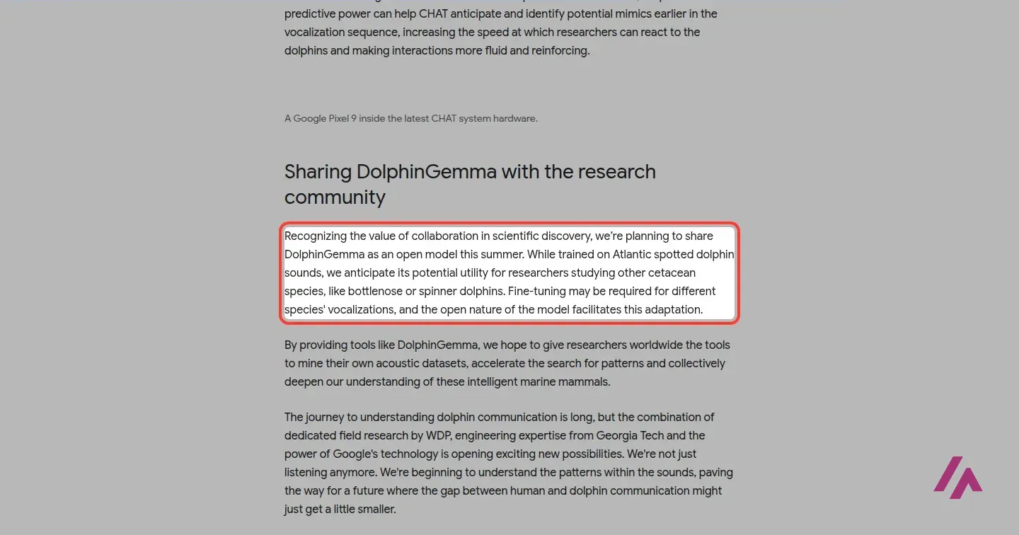 Google's blog post on DolphinGemma, section Sharing DolphinGemma with the research community, with the paragraph about planning to share DolphinGemma as an open model this summer highlighted