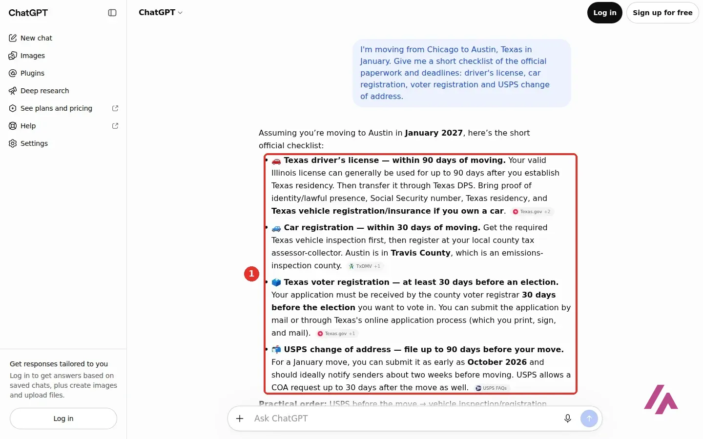 ChatGPT answer to a question about moving from Chicago to Austin, with the four items highlighted as 1: Texas driver's license within 90 days, car registration within 30 days, voter registration at least 30 days before an election and USPS change of address up to 90 days before the move