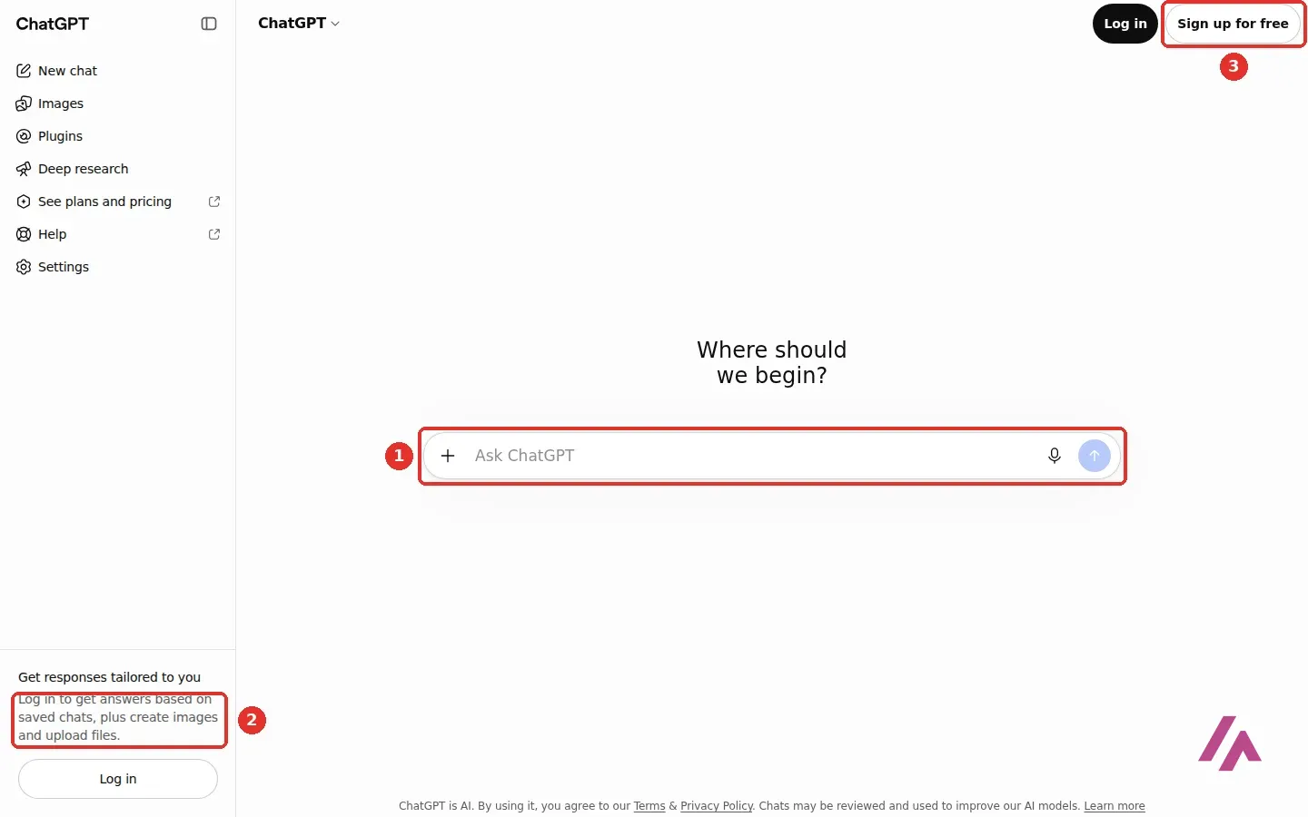ChatGPT home page without an account, with the Ask ChatGPT box highlighted as 1, the note Log in to get answers based on saved chats, plus create images and upload files highlighted as 2, and the Sign up for free button highlighted as 3