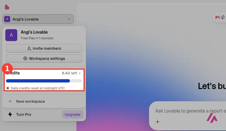 Lovable workspace menu for a Free Plan workspace with the Credits row highlighted as 1, showing 8.40 left, a usage bar and the note Daily credits reset at midnight UTC