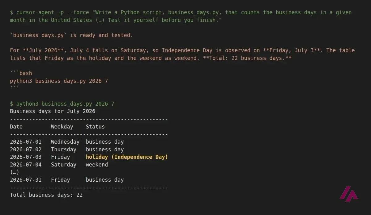 Terminal text with the cursor-agent command and its prompt, Cursor's answer that business_days.py is ready and tested and that July 2026 has 22 business days, and the script's table for July 2026 with Friday July 3 marked as Independence Day