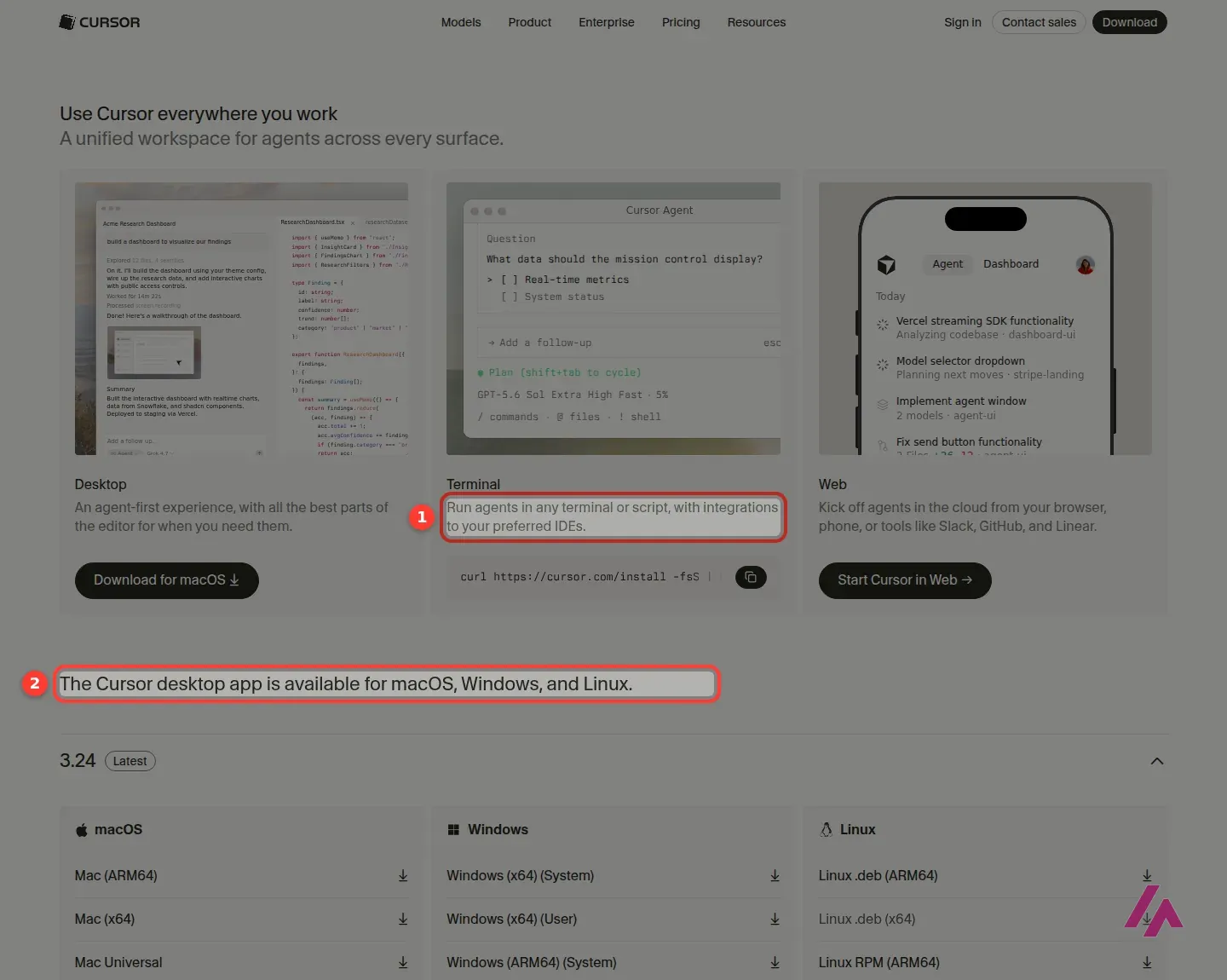 Cursor download page with three cards, Desktop, Terminal and Web, the Terminal description Run agents in any terminal or script, with integrations to your preferred IDEs highlighted as 1, and the line The Cursor desktop app is available for macOS, Windows, and Linux highlighted as 2