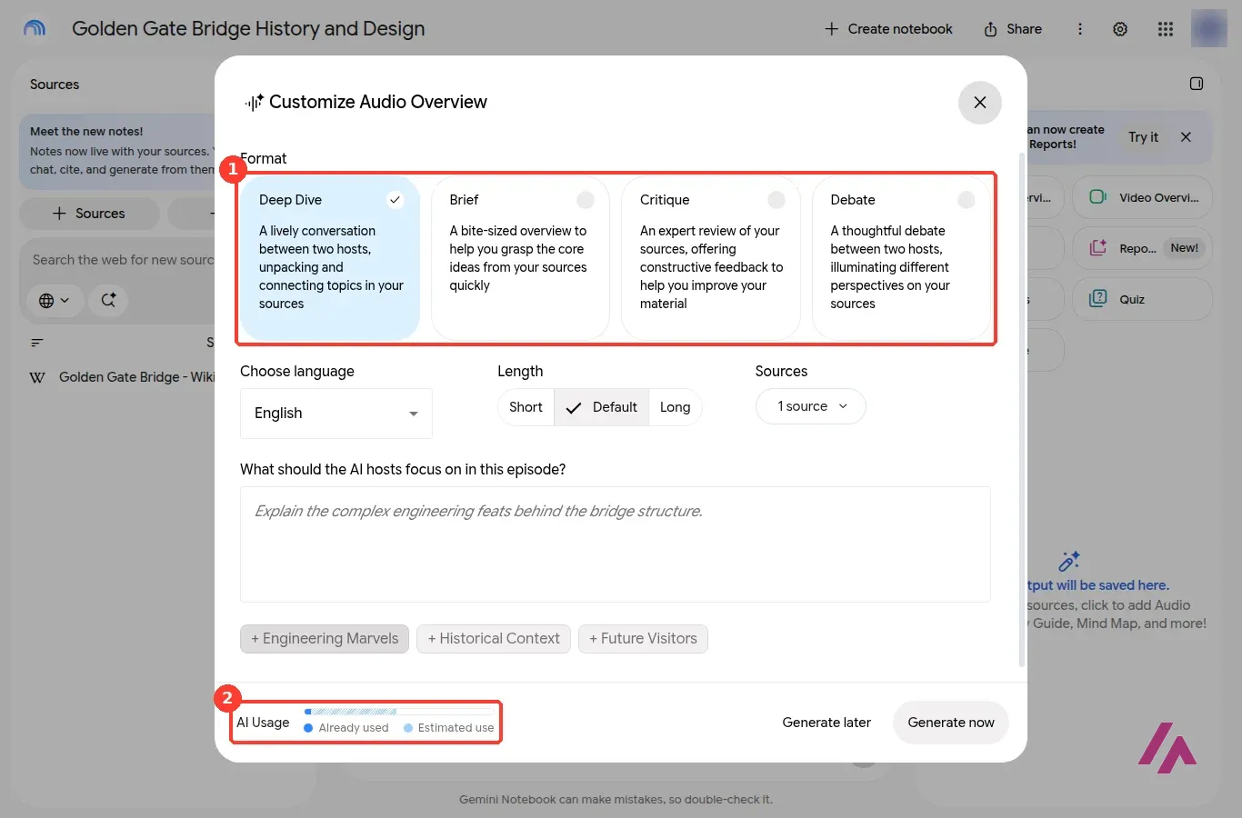 Customize Audio Overview window in Gemini Notebook with the four formats Deep Dive, Brief, Critique and Debate highlighted as 1 and the AI Usage bar with already used and estimated use highlighted as 2
