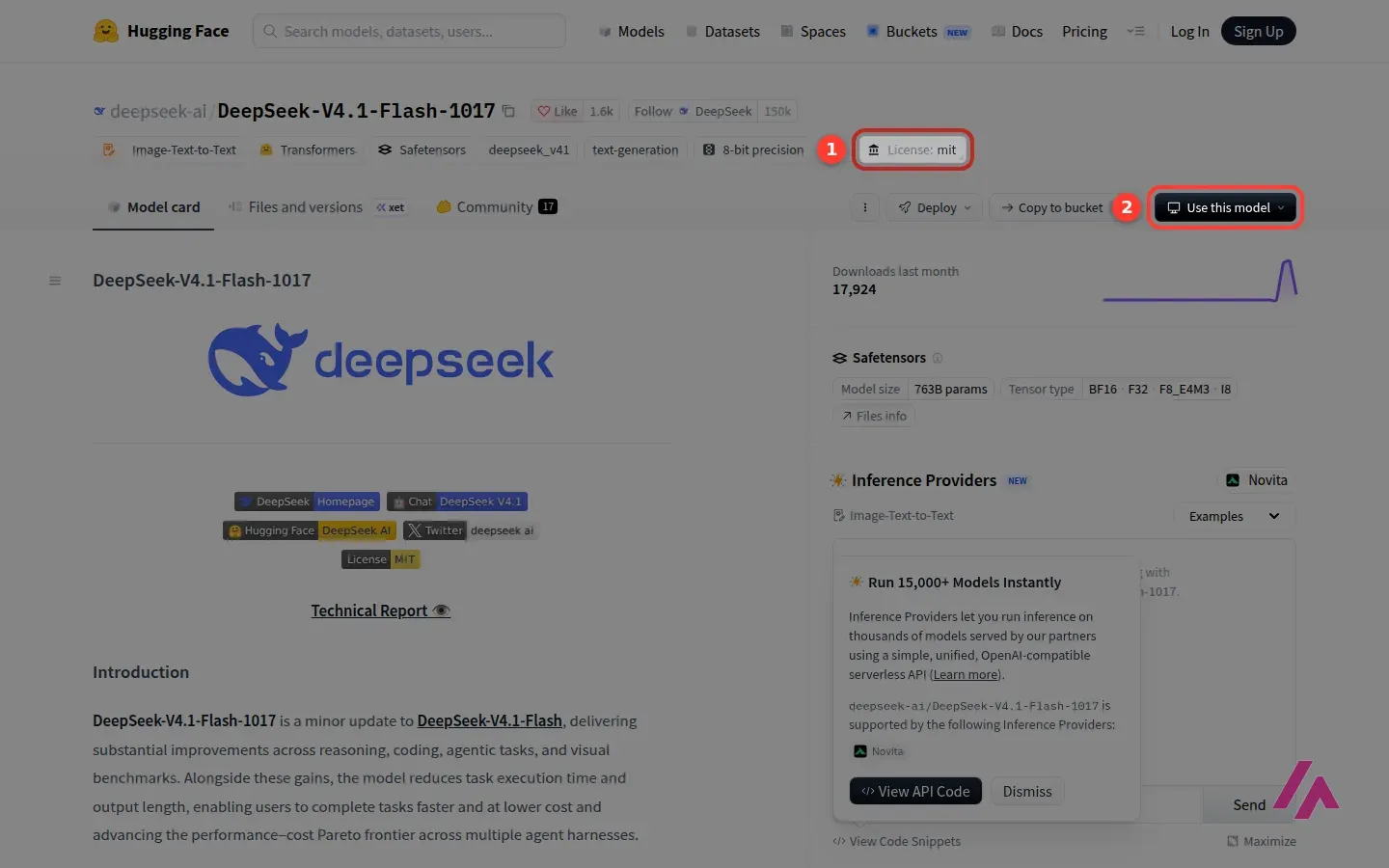 Hugging Face page for deepseek-ai DeepSeek-V4.1-Flash-1017 with the License: mit tag highlighted as 1 and the Use this model button highlighted as 2, above the model card introduction