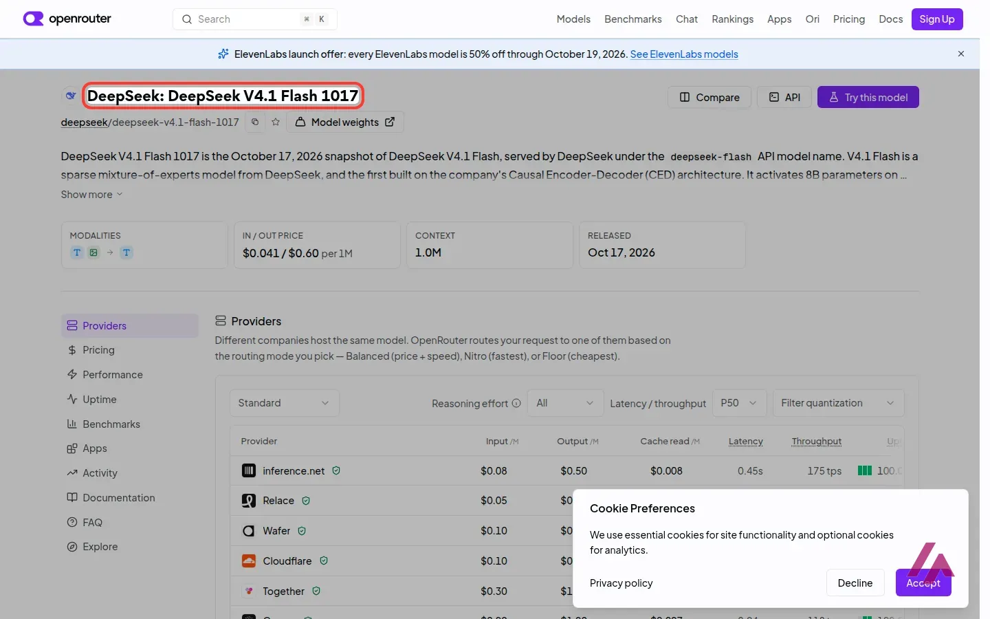 OpenRouter model page titled DeepSeek: DeepSeek V4.1 Flash 1017, highlighted, with cards for input and output price, a context of 1.0M and a release date of Oct 17, 2026, above a table of providers