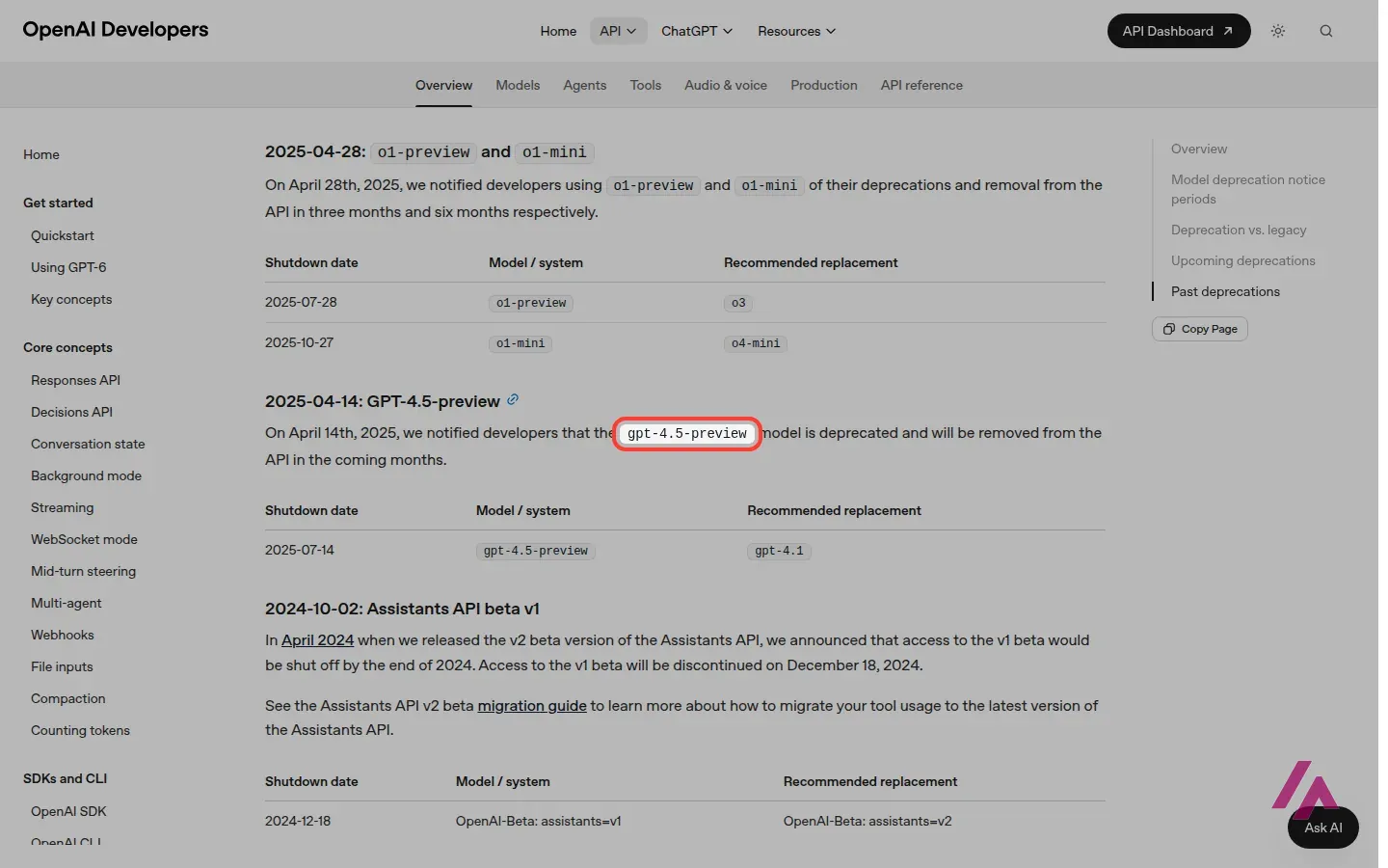 OpenAI API deprecations page with the entry 2025-04-14: GPT-4.5-preview and the model name gpt-4.5-preview highlighted, above a table with shutdown date 2025-07-14 and recommended replacement gpt-4.1