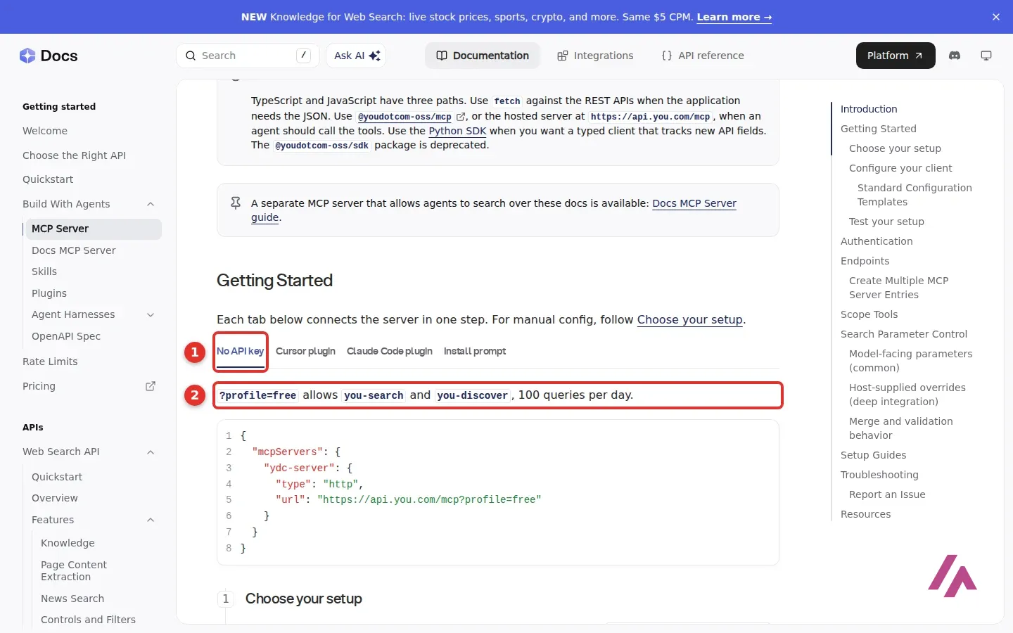 You.com developer docs for the MCP server with the No API key tab and the line saying profile free allows you-search and you-discover, 100 queries per day, highlighted