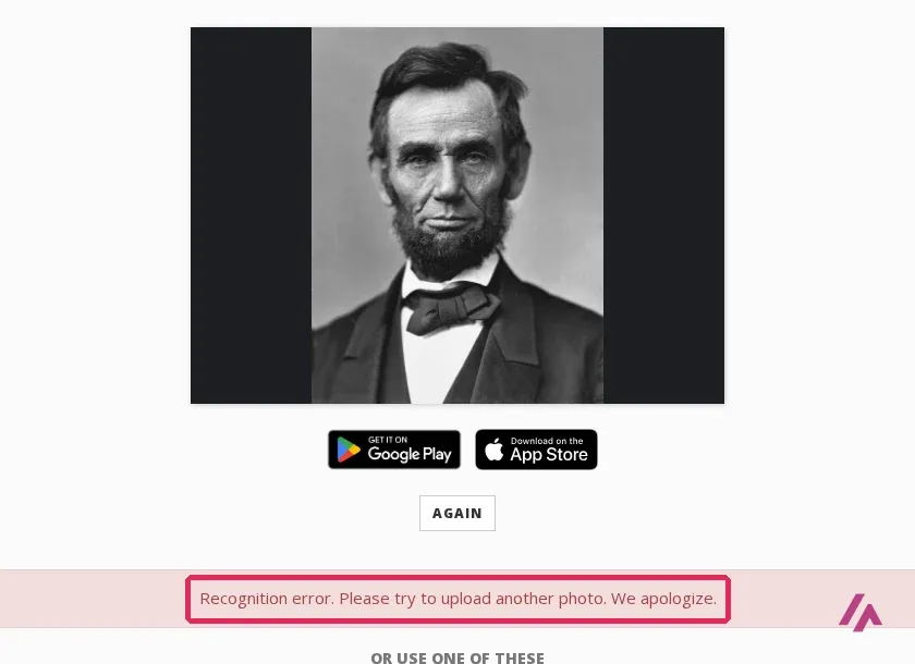 StarByFace after pasting the URL of a black-and-white portrait of Abraham Lincoln: the photo is shown, and the red message Recognition error. Please try to upload another photo. We apologize. is highlighted