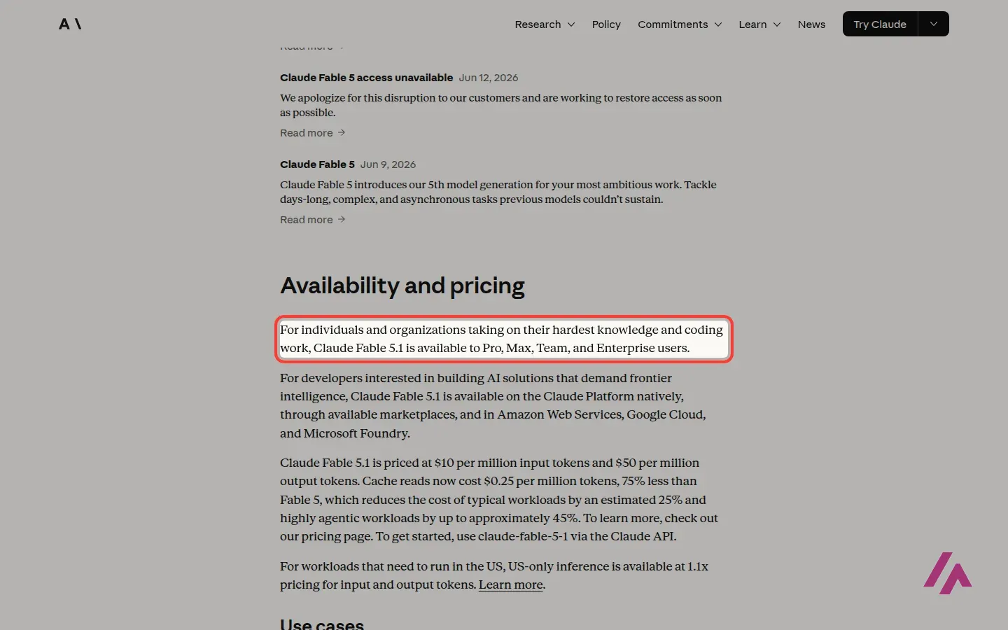 Anthropic's Claude Fable page, Availability and pricing section, with the sentence saying Claude Fable 5.1 is available to Pro, Max, Team and Enterprise users highlighted