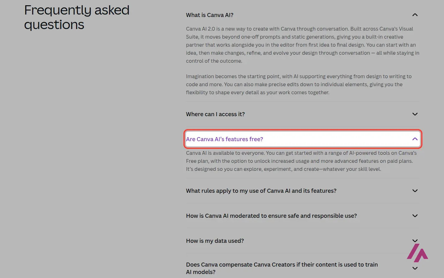 Canva AI FAQ with the question "Are Canva AI's features free?" open and highlighted