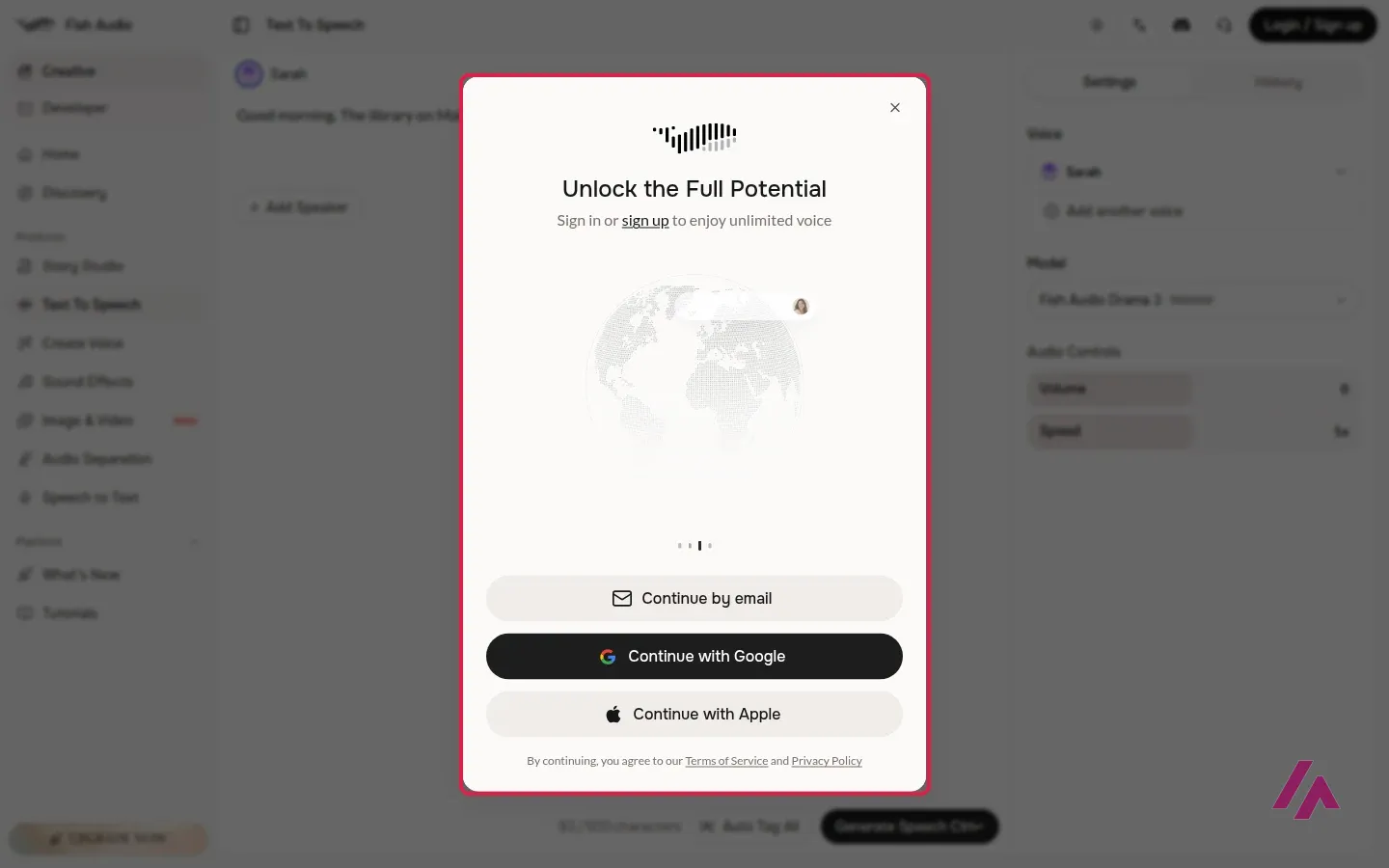 Fish Audio web app with a Sign in or sign up window highlighted, titled Unlock the Full Potential, with buttons to Continue by email, Continue with Google and Continue with Apple, in front of the text-to-speech screen with the voice Sarah selected