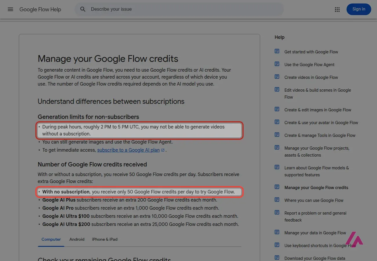 Google Flow help center page with the warning that non-subscribers may not be able to generate videos at peak hours and the 50 credits per day highlighted