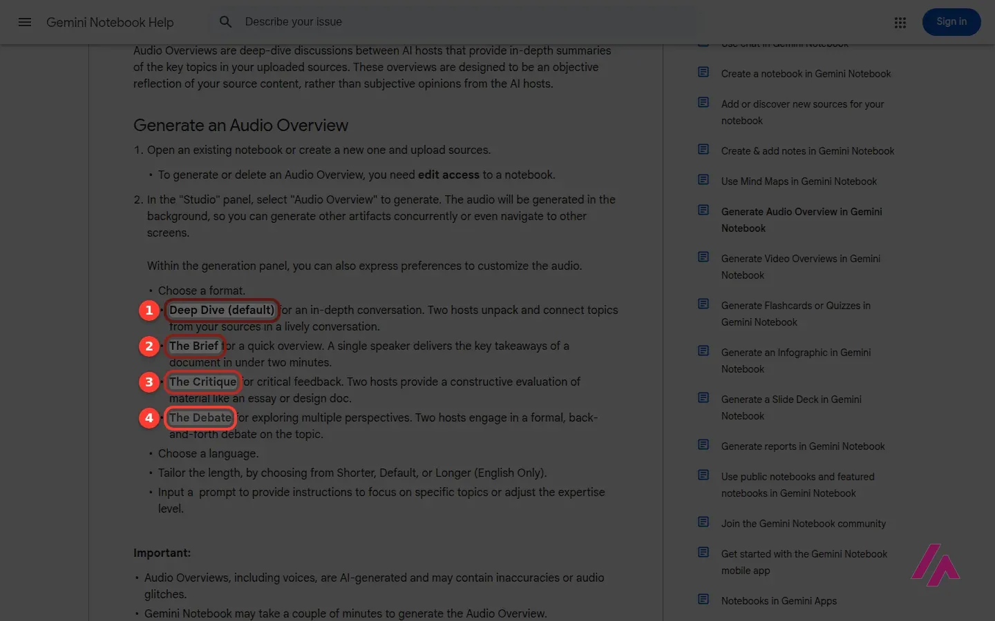 Gemini Notebook help page listing the four Audio Overview formats, highlighted and numbered: Deep Dive (default), The Brief, The Critique and The Debate