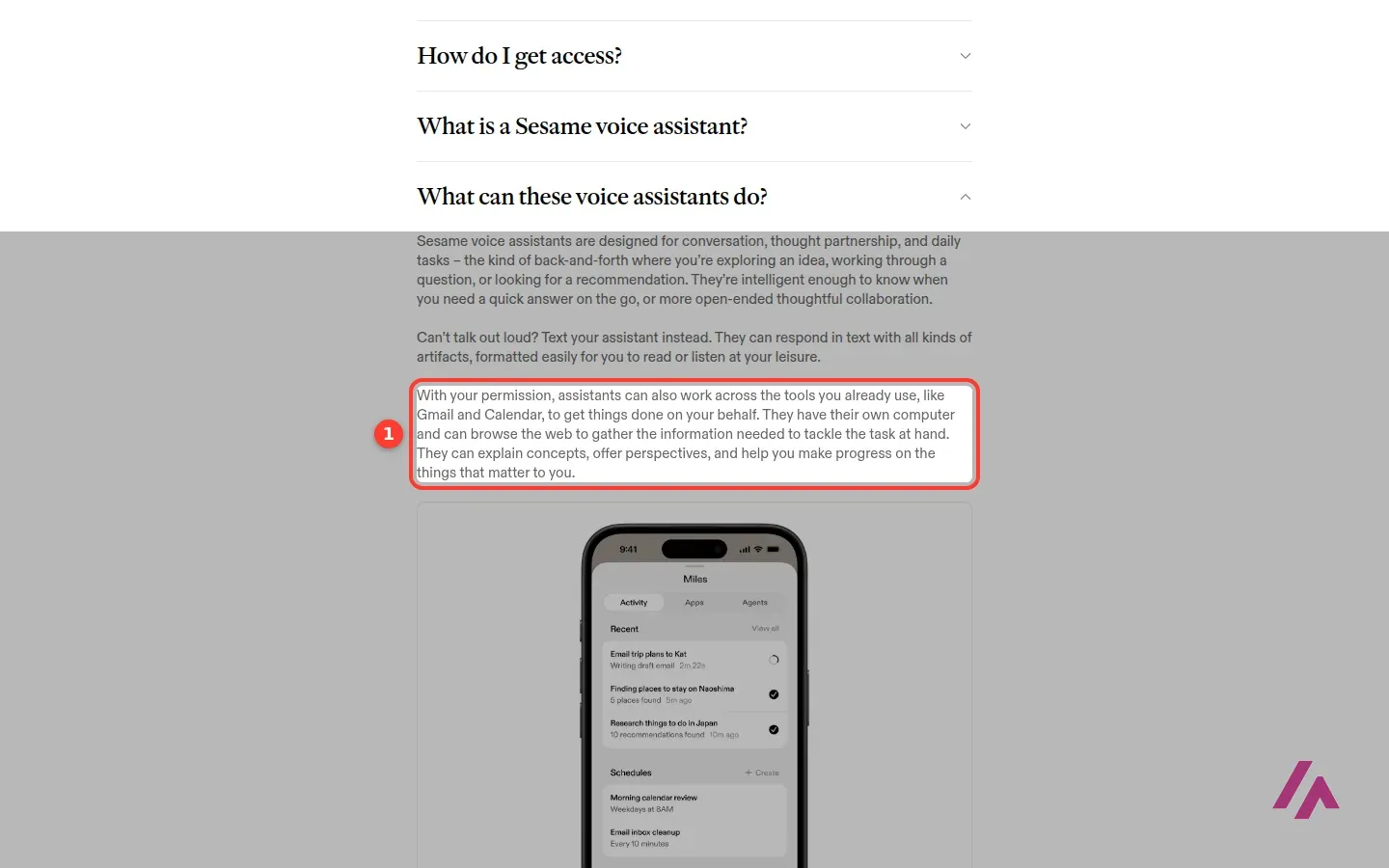 Sesame's getting-started guide with the answer to What can these voice assistants do? open and the paragraph about working across tools like Gmail and Calendar and having their own computer to browse the web highlighted with the number 1