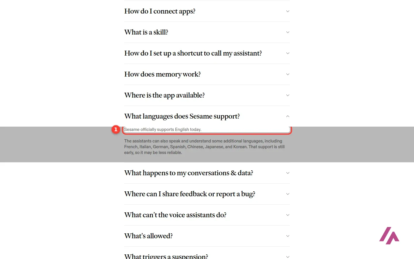Sesame's getting-started guide with the answer to What languages does Sesame support? open and the line Sesame officially supports English today highlighted with the number 1