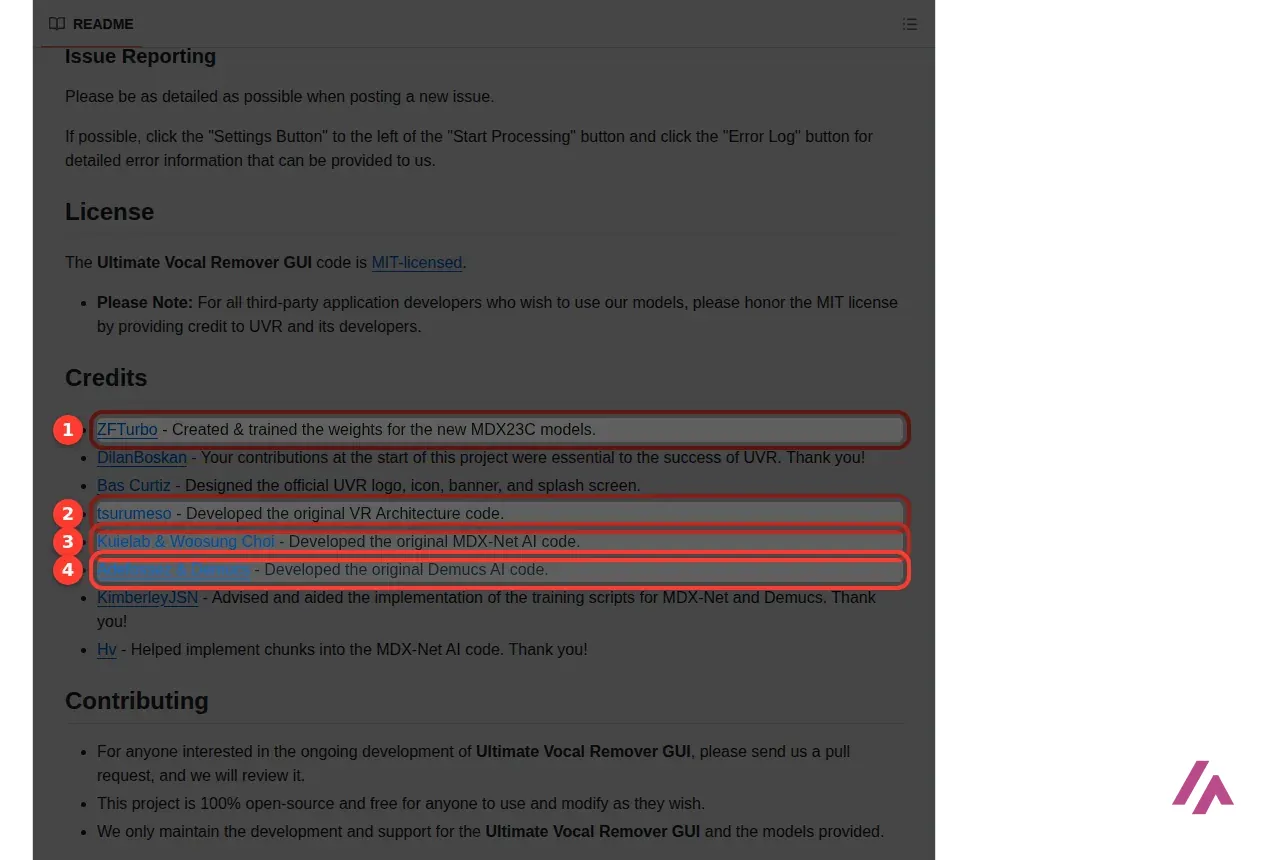 Credits section of the Ultimate Vocal Remover README on GitHub with four lines highlighted and numbered: ZFTurbo, who trained the new MDX23C models, and the developers of the original VR Architecture, MDX-Net and Demucs code