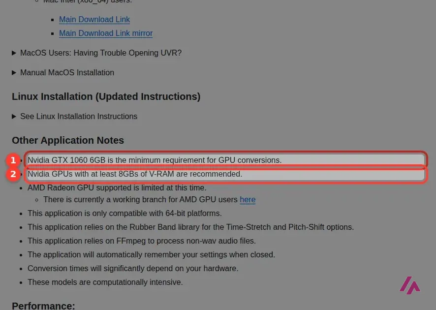 Other Application Notes section of the UVR README with the GPU minimum, an Nvidia GTX 1060 6GB, and the recommendation of 8 GB of VRAM highlighted