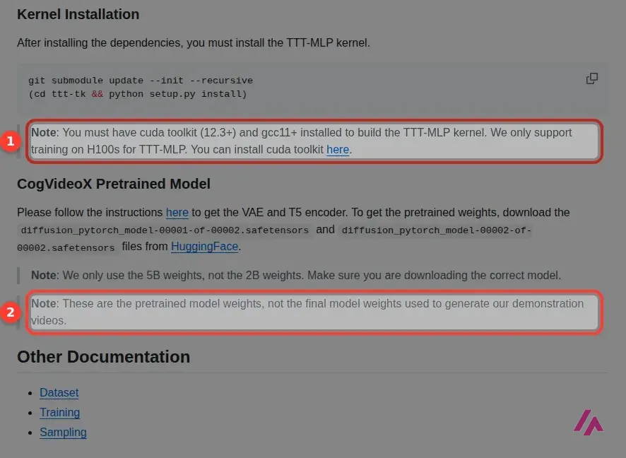 README of the ttt-video-dit repository on GitHub with two numbered notes highlighted: training TTT-MLP is only supported on H100s, and the weights to download are the pretrained ones, not the final weights used for the demo videos