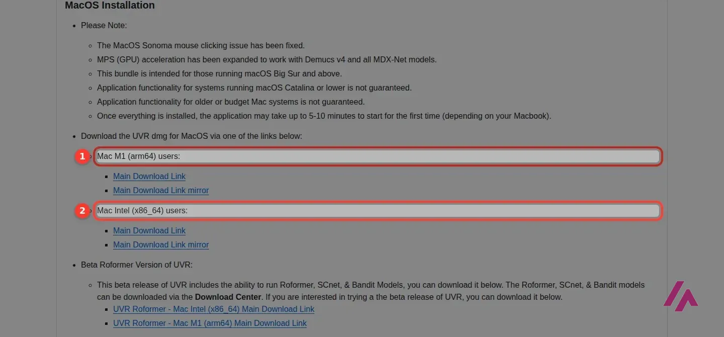 Ultimate Vocal Remover v5.6 release page on GitHub with the Mac download sections for M1 (arm64) and Intel (x86_64) users highlighted