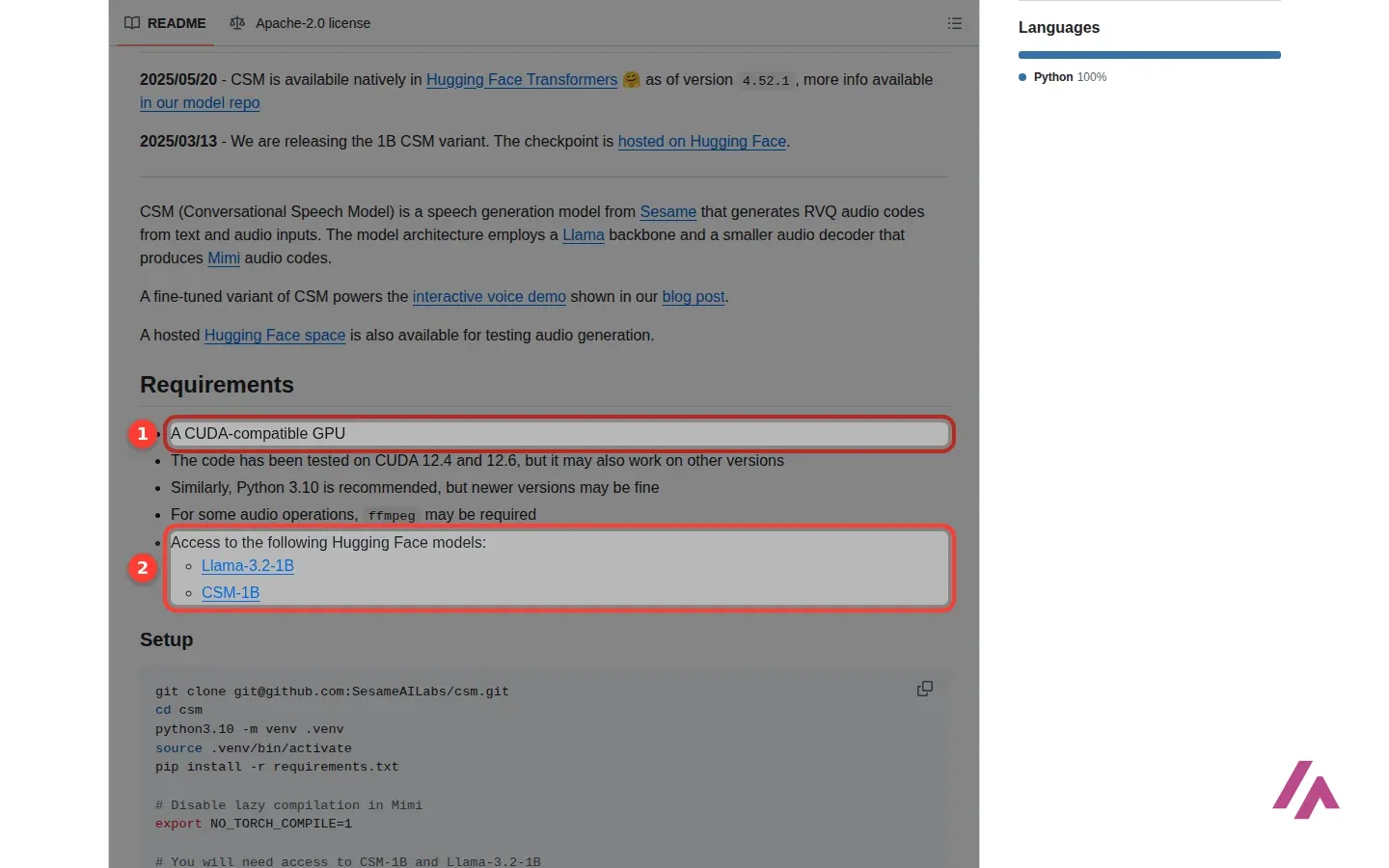 Requirements section of the SesameAILabs/csm README on GitHub, with A CUDA-compatible GPU marked 1 and Access to the following Hugging Face models, Llama-3.2-1B and CSM-1B, marked 2