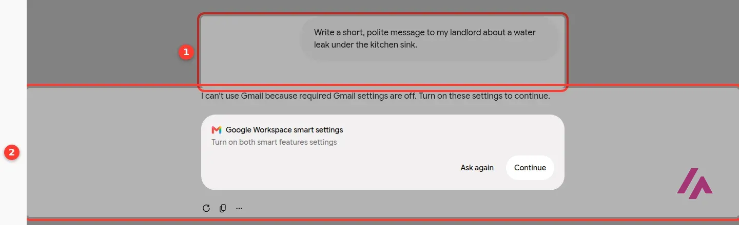 Gemini reply to a request for a polite message to a landlord, saying it can't use Gmail because required Gmail settings are off, with a Google Workspace smart settings card, the request and the reply highlighted