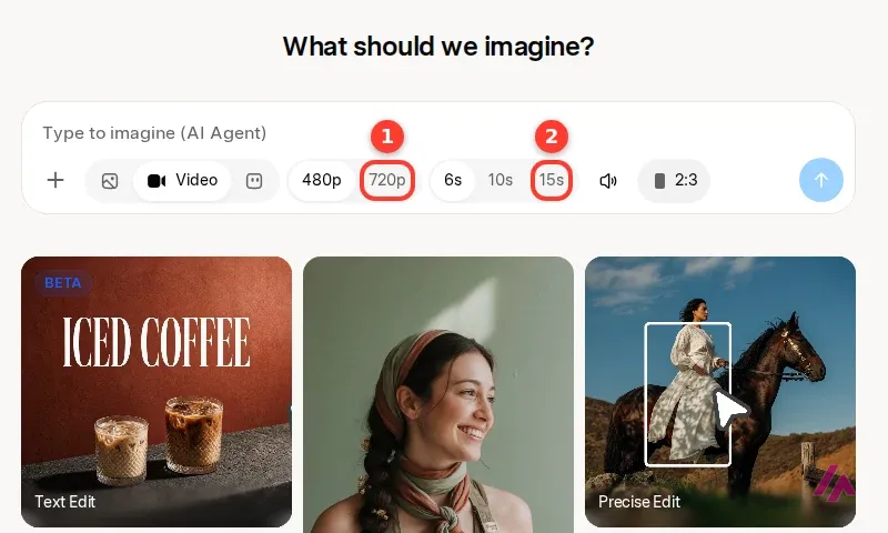 Grok Imagine page with the heading What should we imagine? and the prompt box in Video mode, with the resolution options 480p and 720p, 720p highlighted as 1, the length options 6s, 10s and 15s, 15s highlighted as 2, a sound button and a 2:3 aspect ratio, above template cards