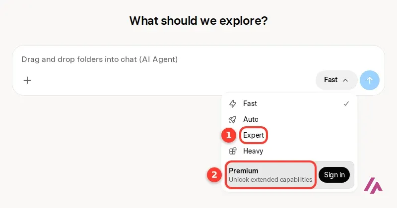 Grok mode menu open under the chat box, with Fast selected, Auto, Expert highlighted as 1, Heavy, and a Premium Unlock extended capabilities entry highlighted as 2 next to a Sign in button
