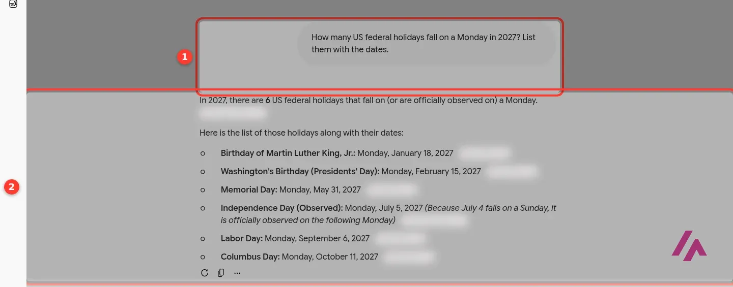 Gemini answering a question about US federal holidays that fall on a Monday in 2027, listing six holidays with their dates, with the question and the answer highlighted