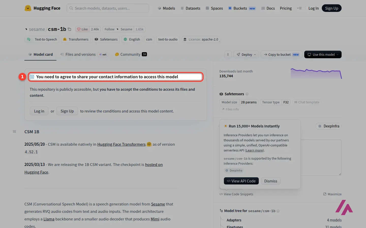 The sesame/csm-1b model page on Hugging Face, with the notice You need to agree to share your contact information to access this model highlighted with the number 1