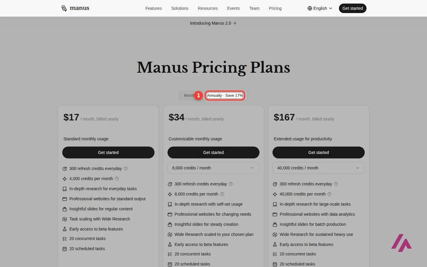 Manus pricing page switched to yearly billing, with the Annually, Save 17% toggle highlighted and prices of $17, $34 and $167 a month