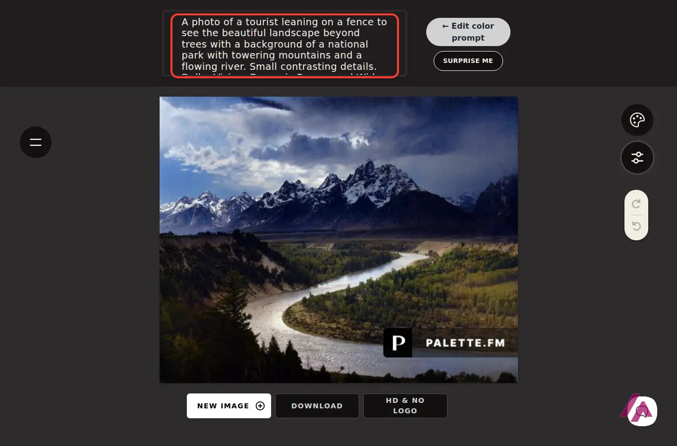 Palette.fm color prompt editor with the auto-written description of the photo highlighted, mentioning a tourist leaning on a fence