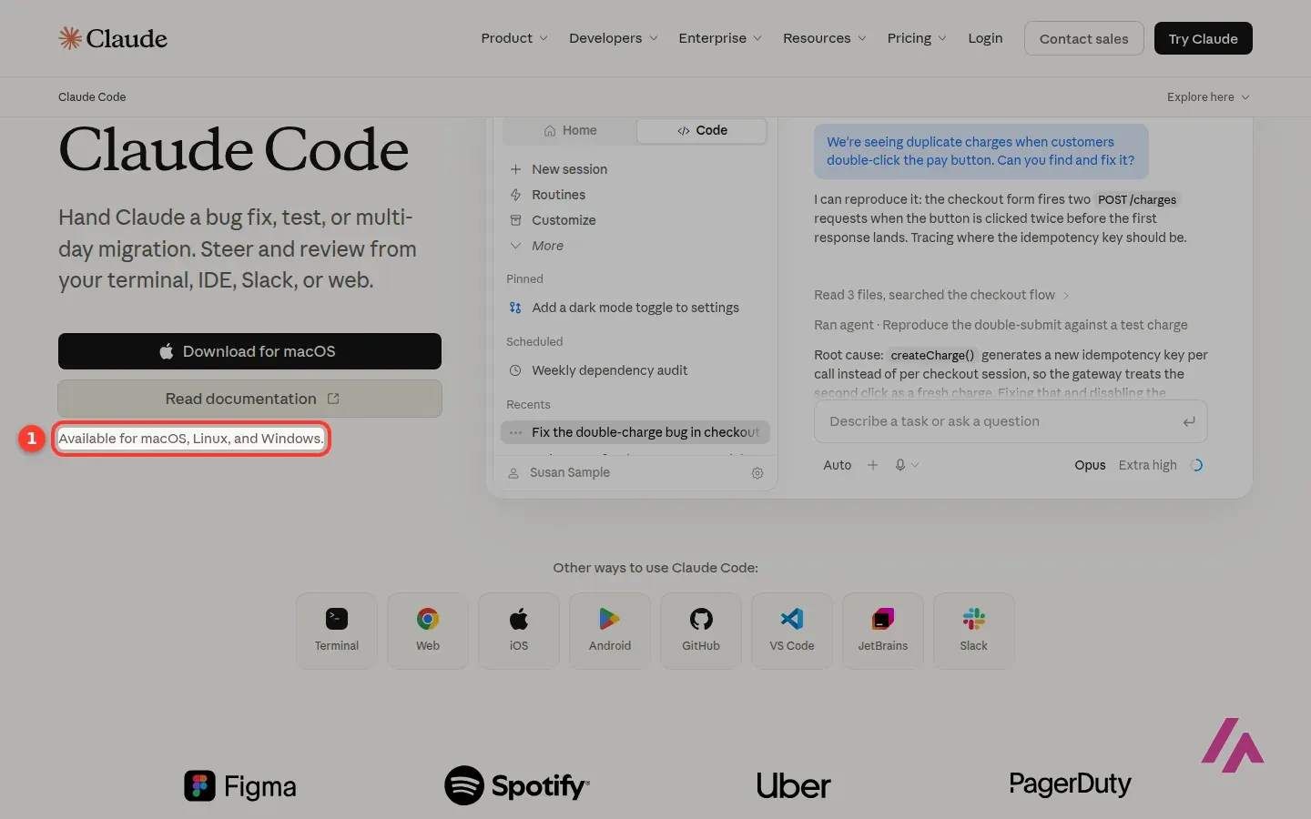 Claude Code page with the line Available for macOS, Linux, and Windows highlighted, and icons for the terminal, web, iOS, Android, GitHub, VS Code, JetBrains and Slack