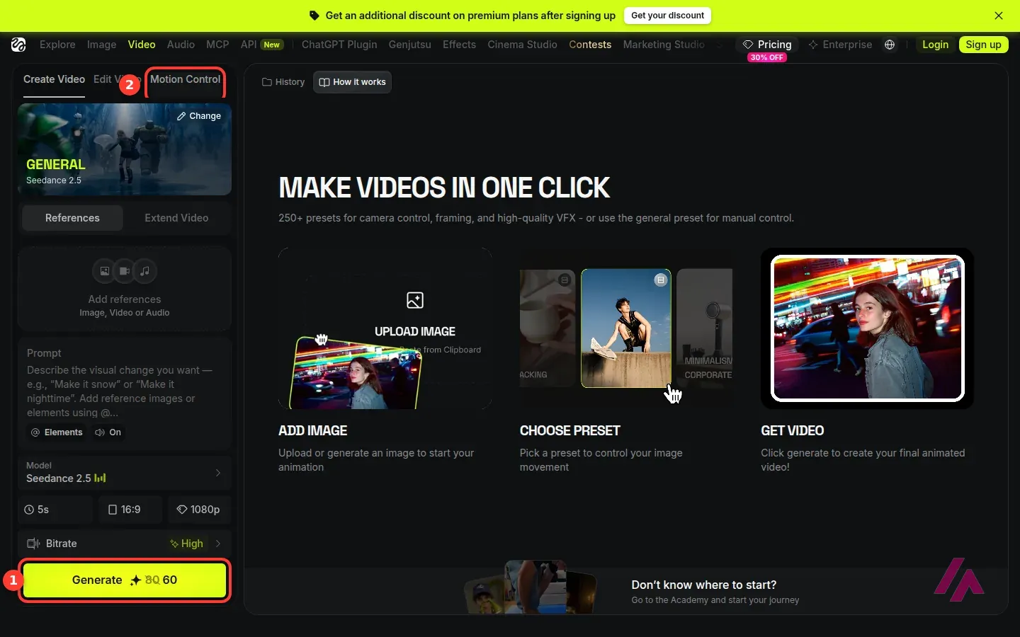 Higgsfield video generator with the Generate button highlighted showing its credit cost, and the Motion Control tab highlighted