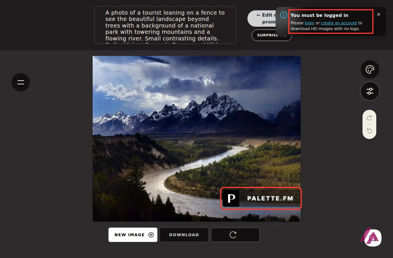 Palette.fm notice saying you must be logged in to download HD images with no logo, with the Palette logo on the preview highlighted