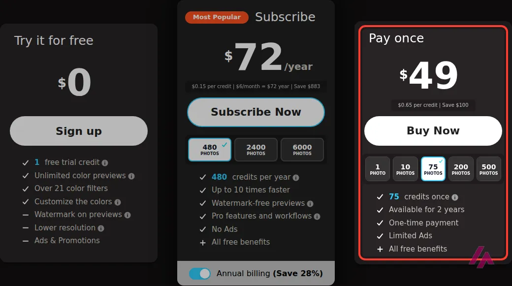 Palette.fm pricing section with the free plan, the yearly subscription at $72 and the highlighted Pay once option at $49 for 75 credits