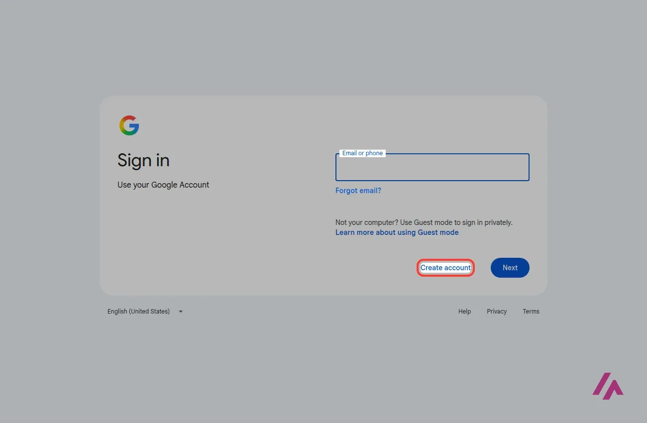 Google sign-in page that opens after clicking Create with Google Flow, with the Create account link highlighted