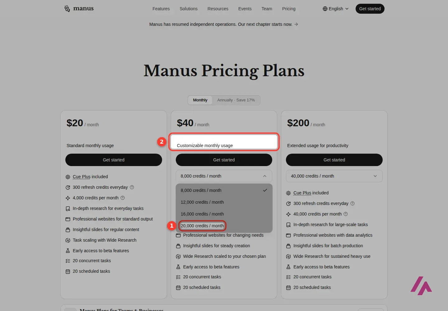 Manus $40 plan with its credits menu open, showing 8,000, 12,000, 16,000 and 20,000 credits a month, with 20,000 highlighted