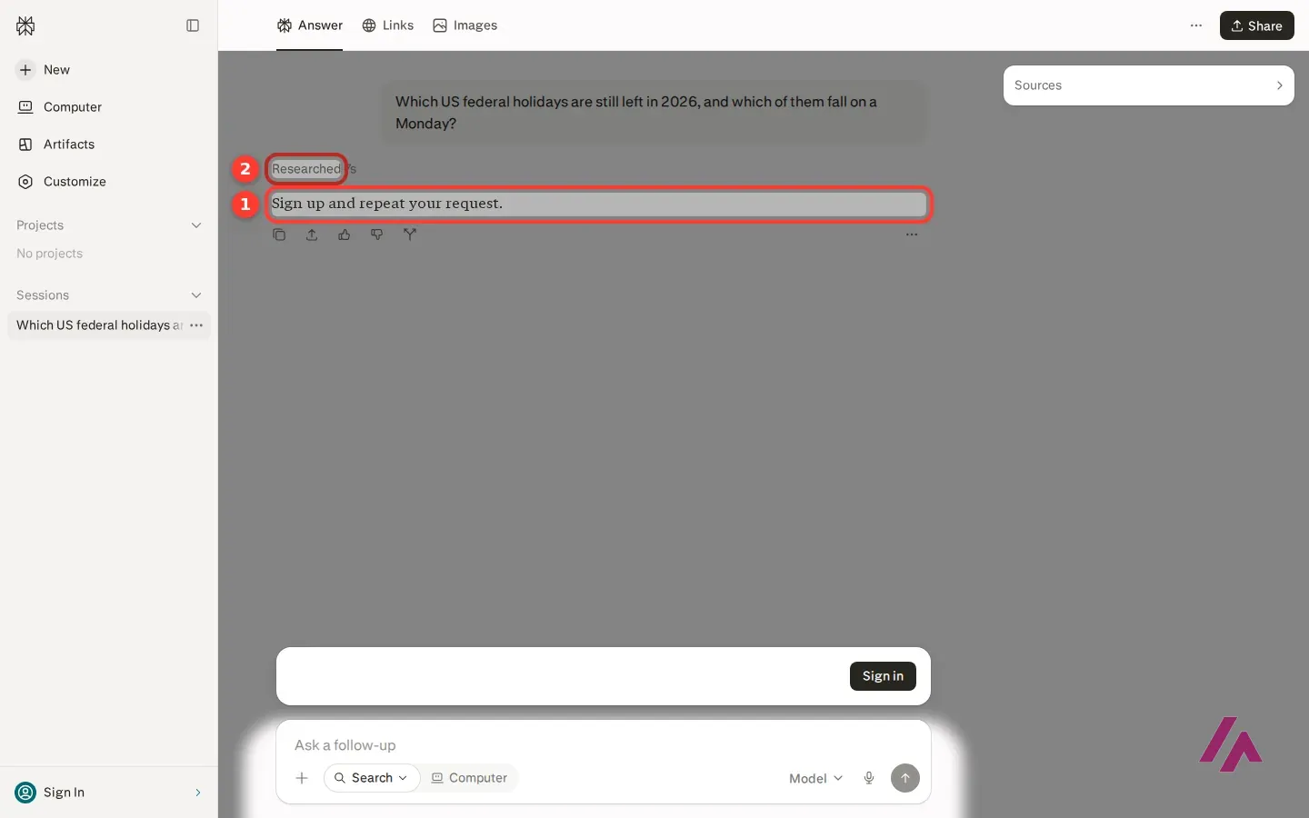Perplexity answer page for a question about US federal holidays, where the only answer is Sign up and repeat your request