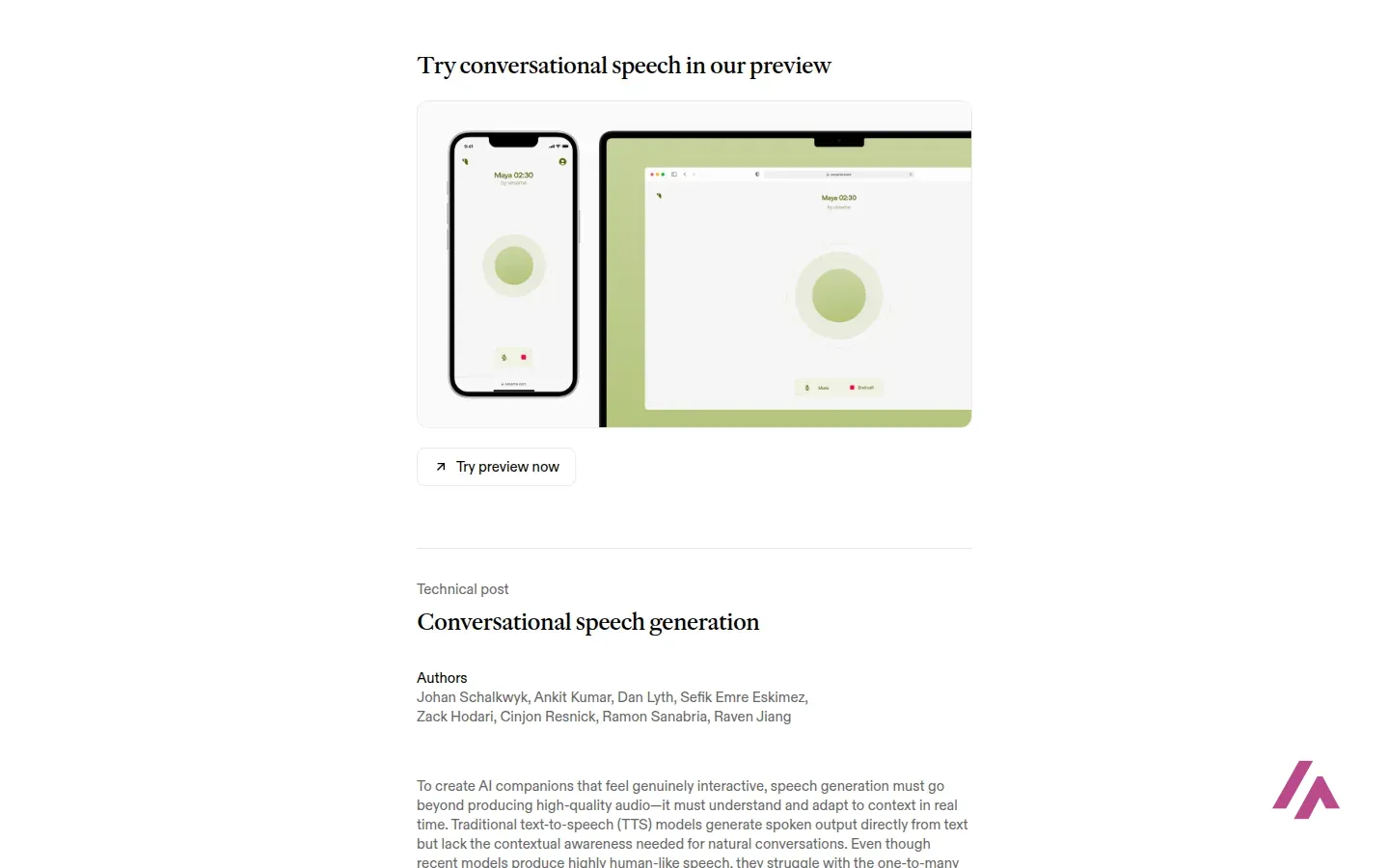 Sesame's research post with the heading Try conversational speech in our preview, a phone and a laptop showing a call with Maya, and a Try preview now button