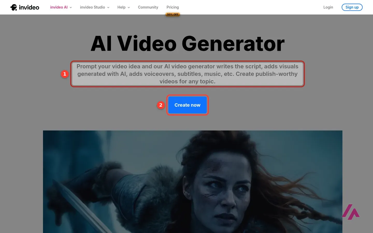 invideo AI Video Generator page with the description of how it writes the script and adds visuals, voiceovers, subtitles and music highlighted as 1 and the Create now button highlighted as 2