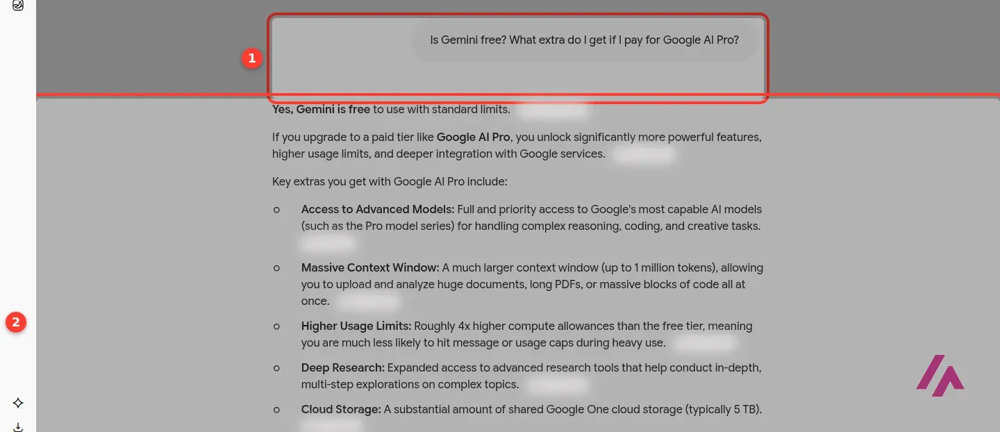 Gemini answering whether Gemini is free and what Google AI Pro adds, with a list of extras such as advanced models, higher usage limits, Deep Research and 5 TB of storage, with the question and the answer highlighted