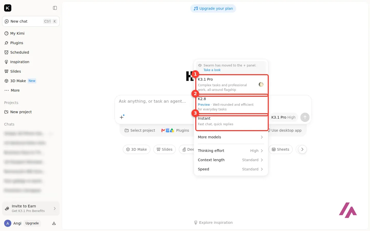 Kimi model picker open, with K3.1 Pro highlighted as 1, K2.8 Preview highlighted as 2 and Instant highlighted as 3, above More models and Thinking effort High