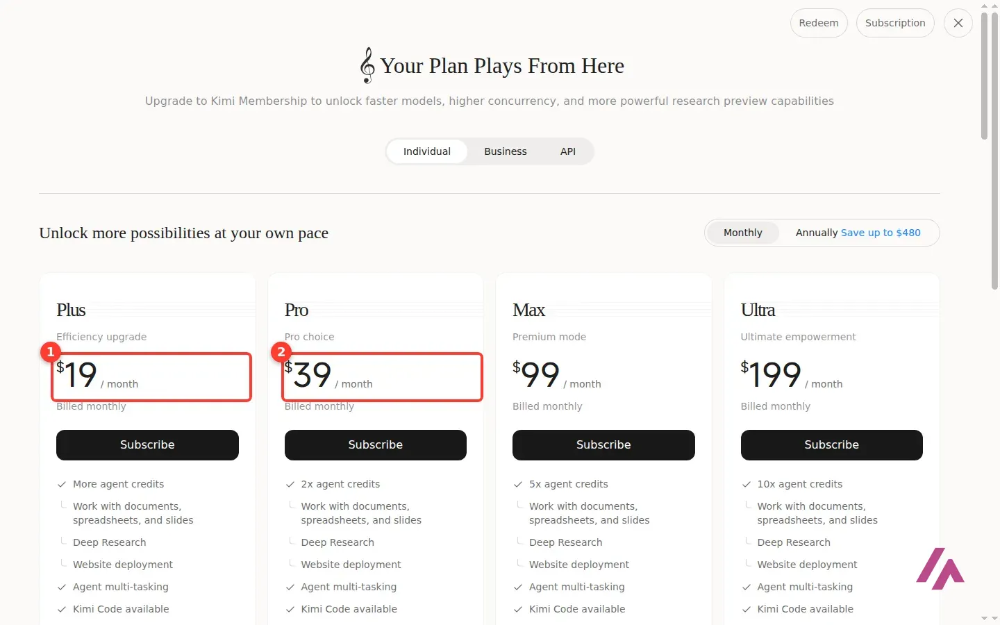 Kimi pricing page on the Monthly switch with Plus at $19 per month highlighted as 1 and Pro at $39 per month highlighted as 2, next to Max at $99 and Ultra at $199