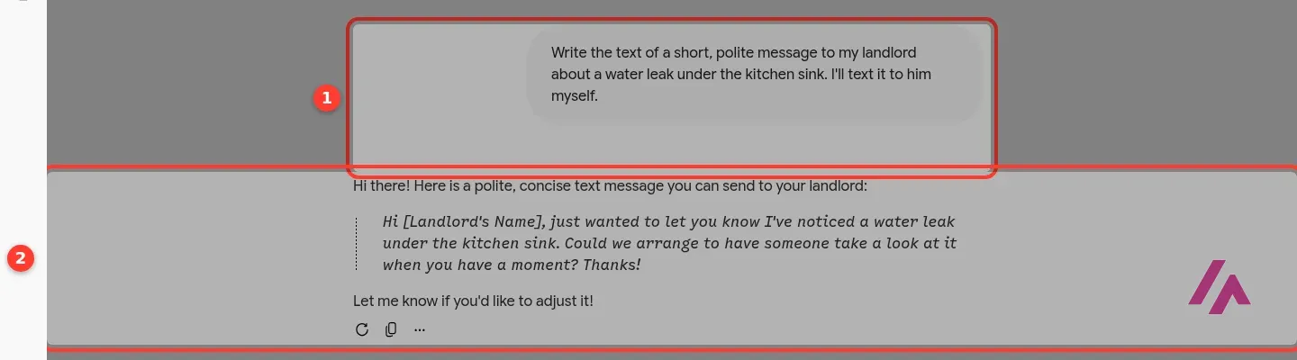 Gemini writing a short, polite text message to a landlord about a water leak under the kitchen sink after the request was reworded, with the request and the message highlighted