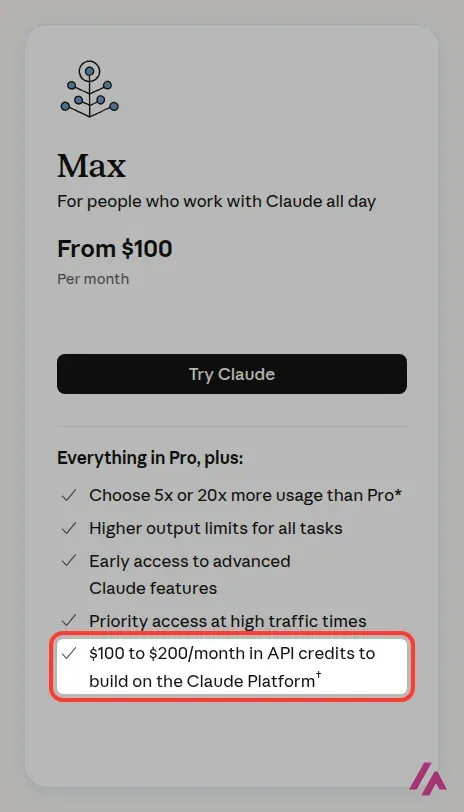 The Claude Max pricing card in US dollars, from $100 a month, with the line about $100 to $200 a month in API credits to build on the Claude Platform highlighted